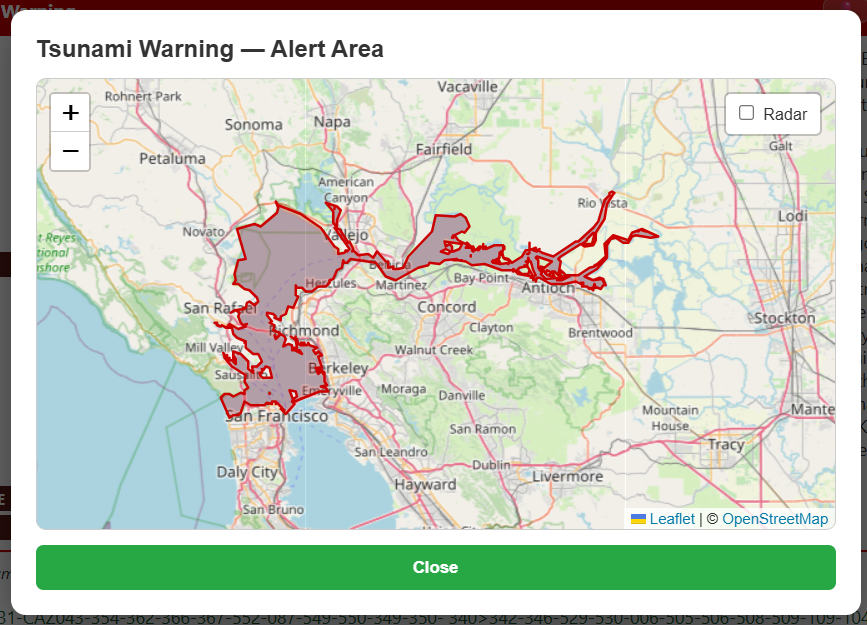 Web dashboard alert card with full-resolution NWS polygon map