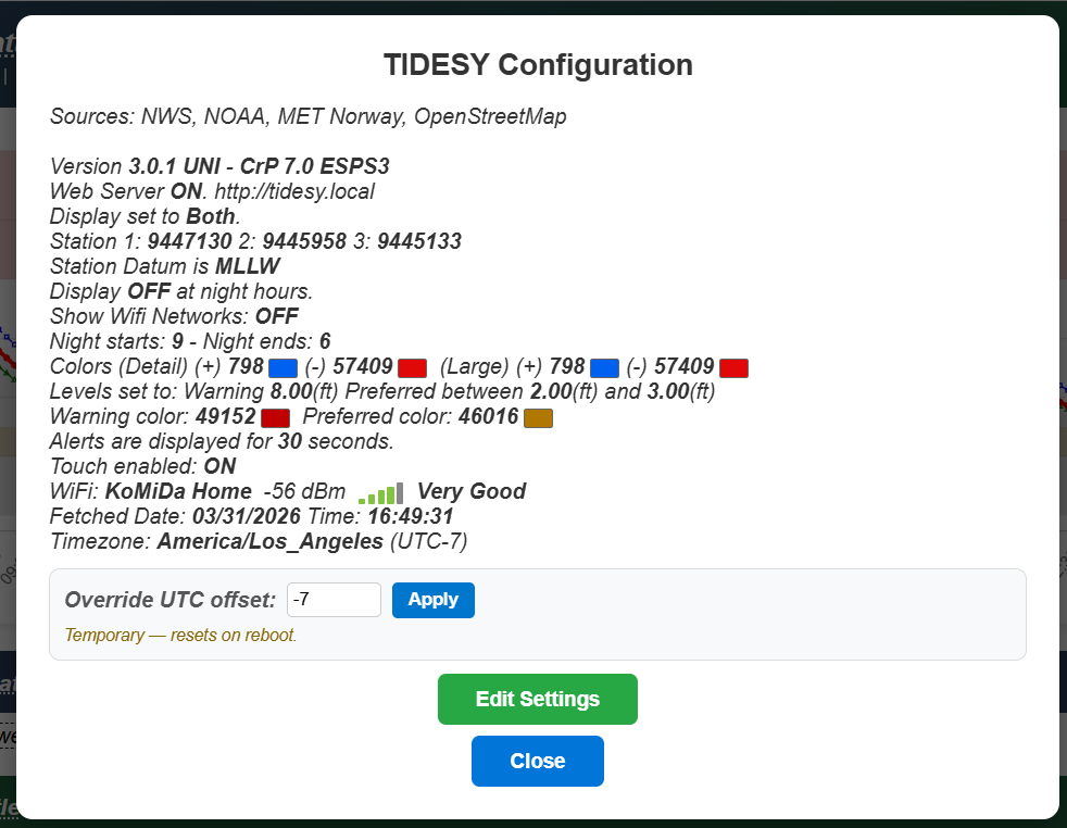 Configuration popup with UTC offset timezone override