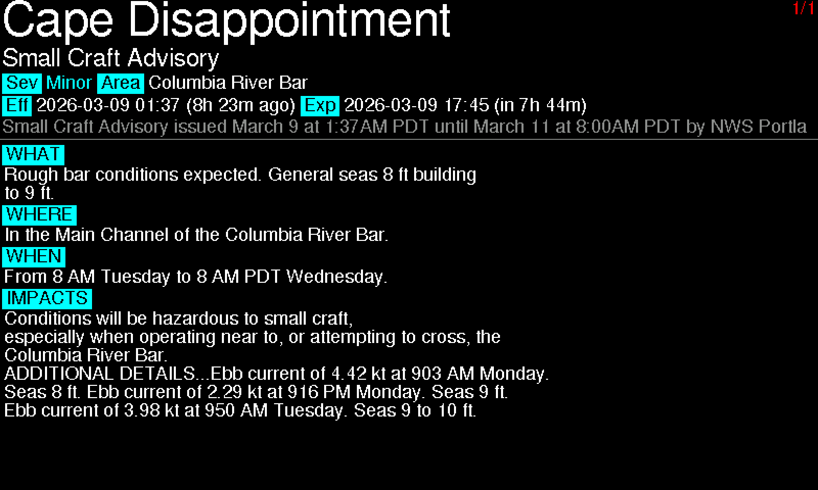 Full-screen alert display showing Small Craft Advisory