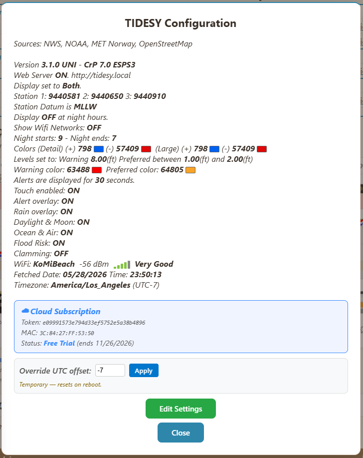 Tidesy Configuration popup