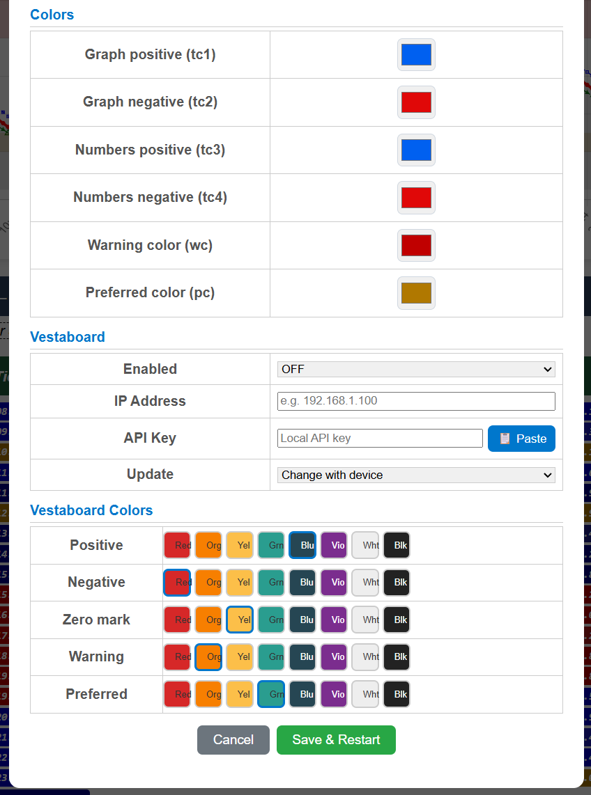 Edit Settings showing color pickers and Vestaboard configuration