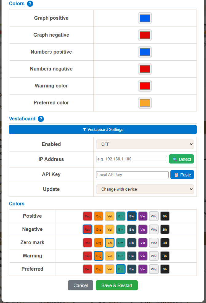 Edit Settings showing color pickers and Vestaboard configuration