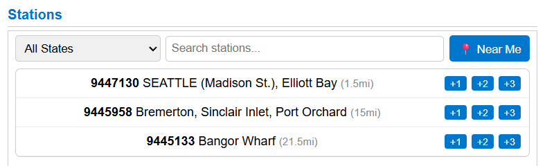 Near Me results showing closest stations with distances