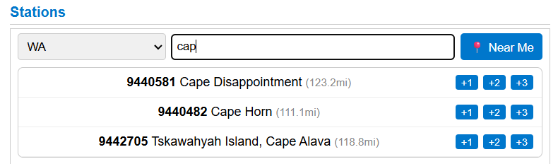 State filter with search showing WA stations matching cap