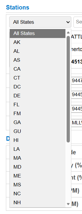 States dropdown open showing all US states