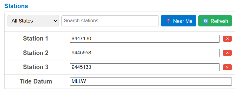Station picker with search, state filter, Near Me, and Refresh buttons