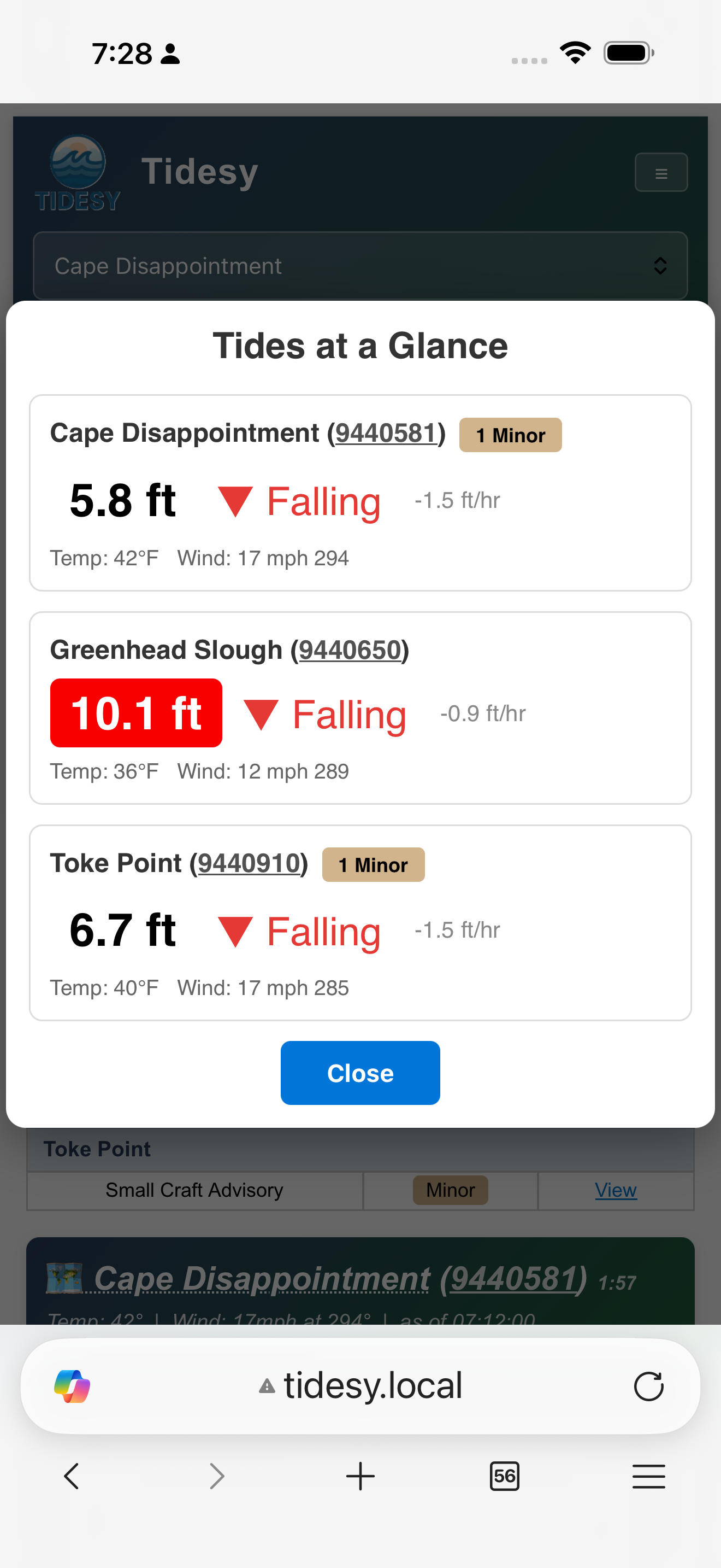 Tides at a Glance popup on mobile
