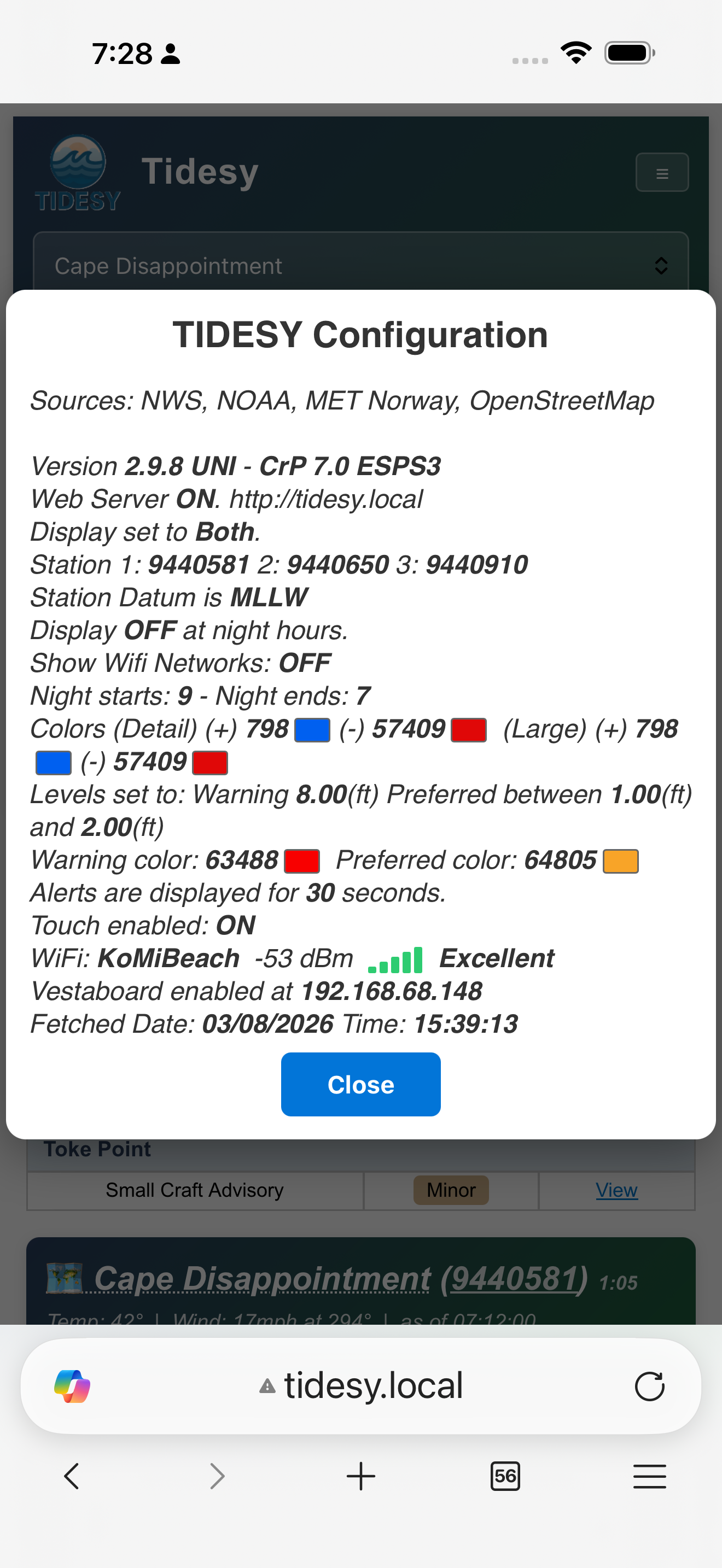 Configuration popup on mobile