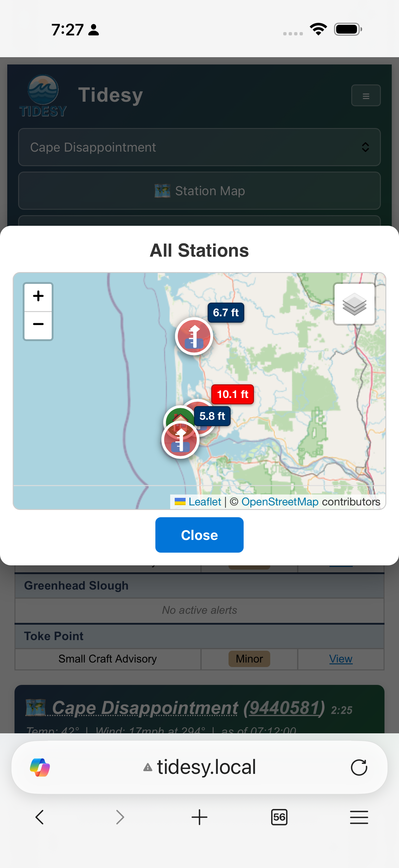 All stations map popup on mobile